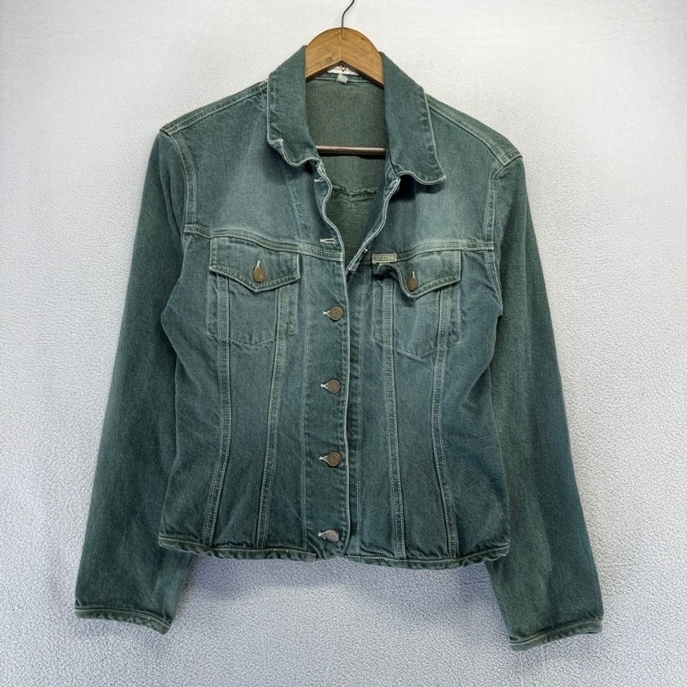 Vintage Guess Denim Jacket Womens Large Green Faded Trucker Jean Made in USA 90s